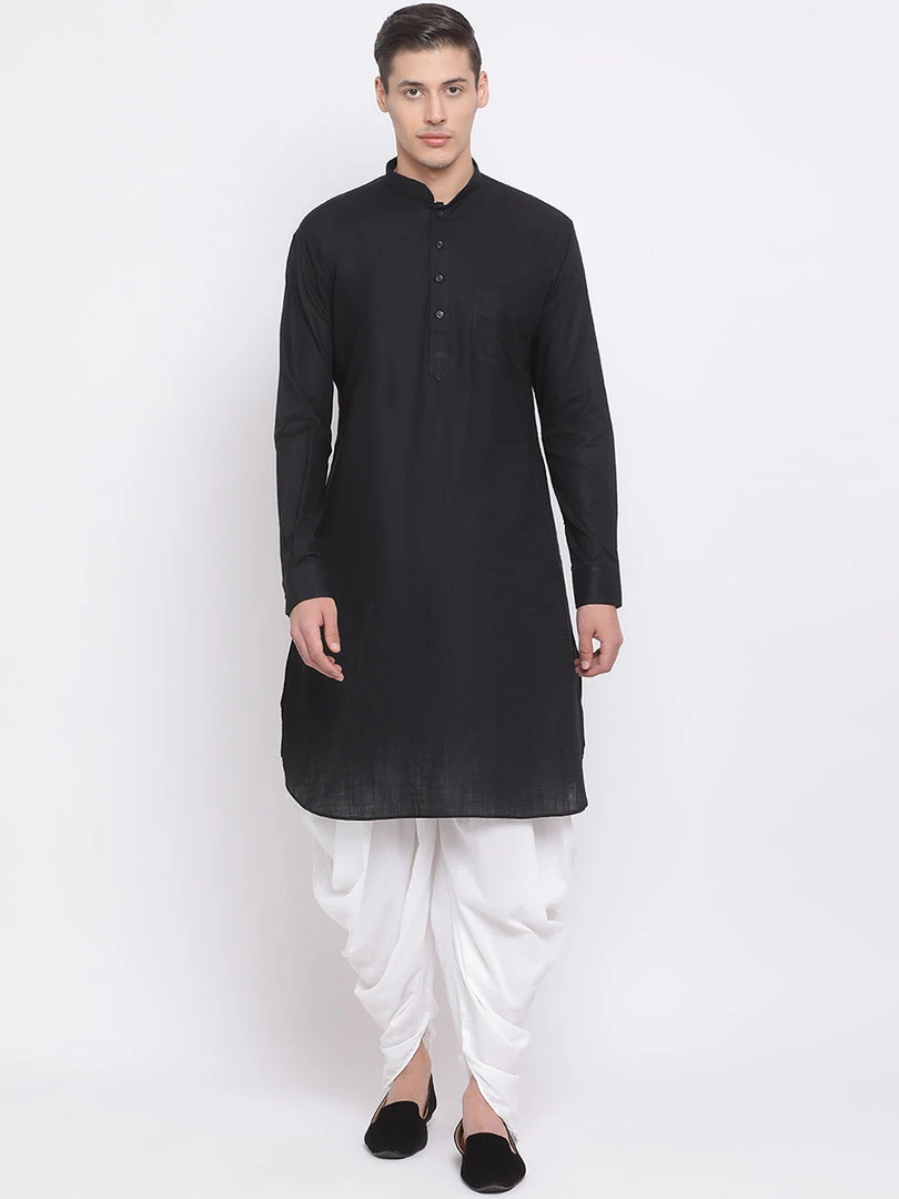 Vastramay Men's Black Cotton Linen Blend Pathani Kurta And White Dhoti Set 3 Vastramay Men's Black Cotton Linen Blend Pathani Kurta And White Dhoti Set