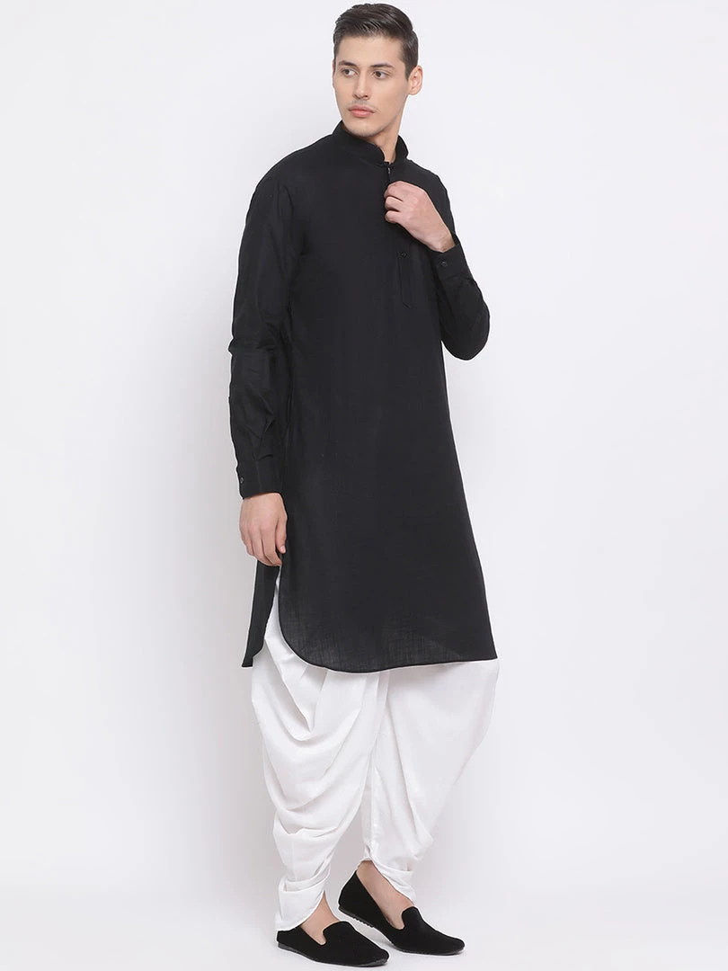 Vastramay Men's Black Cotton Linen Blend Pathani Kurta And White Dhoti Set 4 Vastramay Men's Black Cotton Linen Blend Pathani Kurta And White Dhoti Set