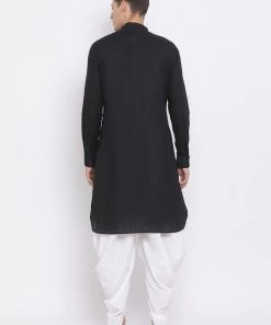 Vastramay Men's Black Cotton Linen Blend Pathani Kurta And White Dhoti Set 10 Vastramay Men's Black Cotton Linen Blend Pathani Kurta And White Dhoti Set