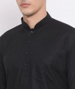 Vastramay Men's Black Cotton Linen Blend Pathani Kurta And White Dhoti Set 11 Vastramay Men's Black Cotton Linen Blend Pathani Kurta And White Dhoti Set