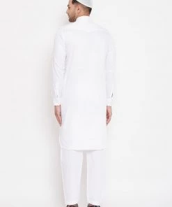 VASTRAMAY Men's White Cotton Blend Pathani Kurta Set With Prayer Cap