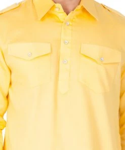 Kurta Pyjama Vastramay Cotton Blend Yellow Baap Beta Pathani Kurta & Pyjama Set