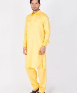 Vastramay Men's Yellow Cotton Pathani Suit Set