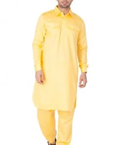 Kurta Pyjama Vastramay Cotton Blend Yellow Baap Beta Pathani Kurta & Pyjama Set