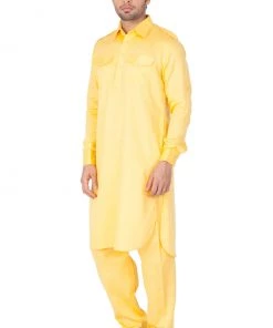 Kurta Pyjama Vastramay Cotton Blend Yellow Baap Beta Pathani Kurta & Pyjama Set