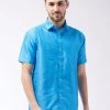 VASTRAMAY Men's Aqua Blue Silk Blend Ethnic Shirt