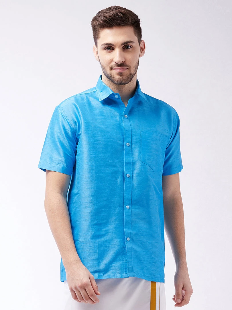 VASTRAMAY Men's Aqua Blue Silk Blend Ethnic Shirt 3 VASTRAMAY Men's Aqua Blue Silk Blend Ethnic Shirt