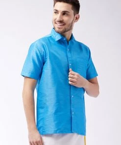 VASTRAMAY Men's Aqua Blue Silk Blend Ethnic Shirt