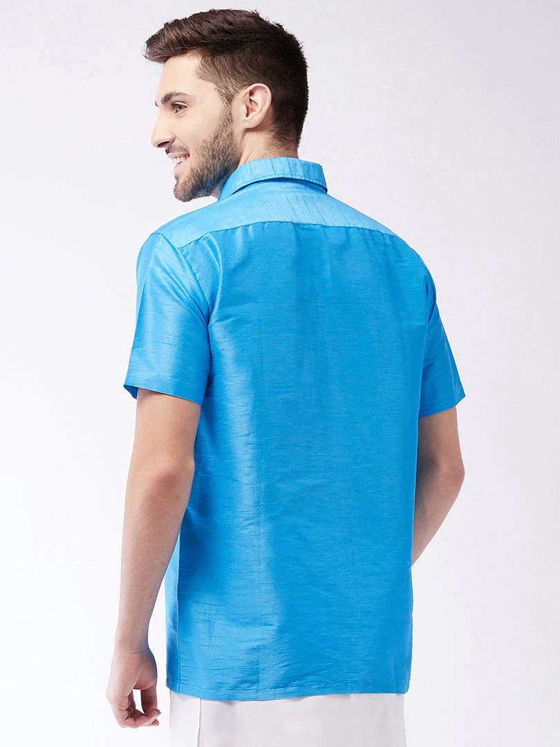 VASTRAMAY Men's Aqua Blue Silk Blend Ethnic Shirt 5 VASTRAMAY Men's Aqua Blue Silk Blend Ethnic Shirt