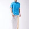 VASTRAMAY Men's Aqua Blue And White Silk Blend Shirt And Mundu Buy 1 Get 1