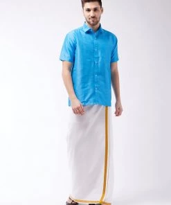 VASTRAMAY Men's Aqua Blue And White Silk Blend Shirt And Mundu Buy 1 Get 1