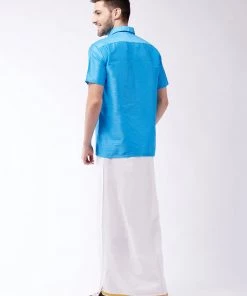 VASTRAMAY Men's Aqua Blue And White Silk Blend Shirt And Mundu Buy 1 Get 1