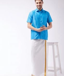 VASTRAMAY Men's Aqua Blue And White Silk Blend Shirt And Mundu Buy 1 Get 1