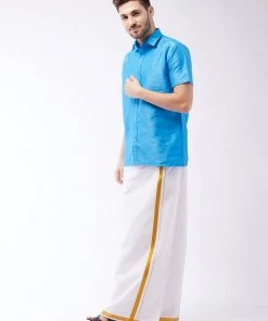 VASTRAMAY Men's Aqua Blue And White Silk Blend Shirt And Mundu Buy 1 Get 1