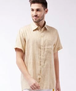 VASTRAMAY Men's Beige Cotton Blend Ethnic Shirt
