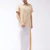 VASTRAMAY Men's Beige And White Cotton Blend Shirt And Mundu