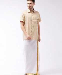VASTRAMAY Men's Beige And White Cotton Blend Shirt And Mundu
