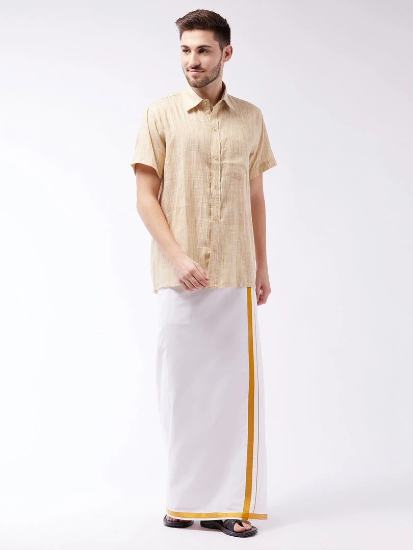 VASTRAMAY Men's Beige And White Cotton Blend Shirt And Mundu 3 VASTRAMAY Men's Beige And White Cotton Blend Shirt And Mundu