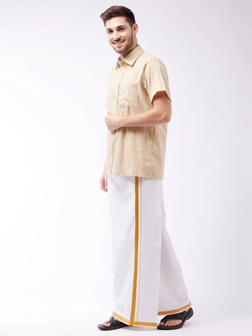 VASTRAMAY Men's Beige And White Cotton Blend Shirt And Mundu 4 VASTRAMAY Men's Beige And White Cotton Blend Shirt And Mundu