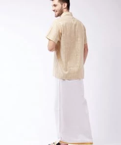 VASTRAMAY Men's Beige And White Cotton Blend Shirt And Mundu 12 VASTRAMAY Men's Beige And White Cotton Blend Shirt And Mundu