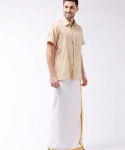 VASTRAMAY Men's Beige And White Cotton Blend Shirt And Mundu 15 VASTRAMAY Men's Beige And White Cotton Blend Shirt And Mundu