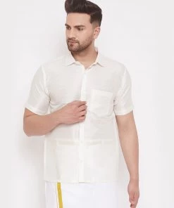 Vastramay Men's Cream Silk Blend Ethnic Shirt