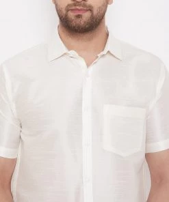 Vastramay Men's Cream Silk Blend Ethnic Shirt