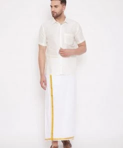 Vastramay Men's Cream Silk Blend Ethnic Shirt