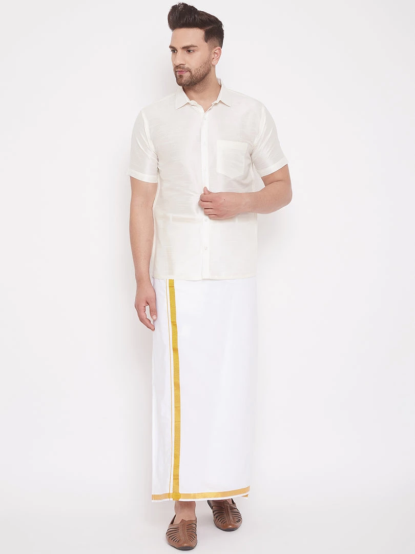 VASTRAMAY Men's Cream And White Silk Blend Shirt And Mundu Set Pongal 3 VASTRAMAY Men's Cream And White Silk Blend Shirt And Mundu Set Pongal