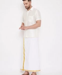 VASTRAMAY Men's Cream And White Silk Blend Shirt And Mundu Set Pongal