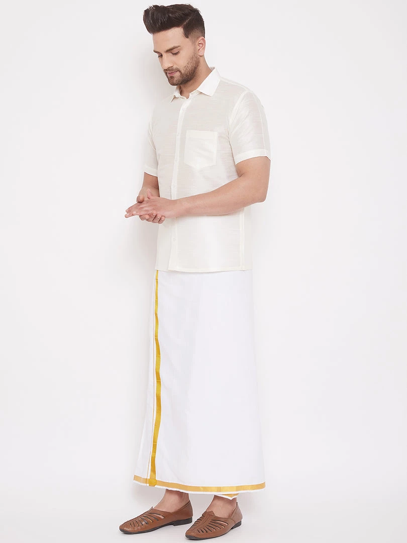 VASTRAMAY Men's Cream And White Silk Blend Shirt And Mundu Set Pongal 4 VASTRAMAY Men's Cream And White Silk Blend Shirt And Mundu Set Pongal