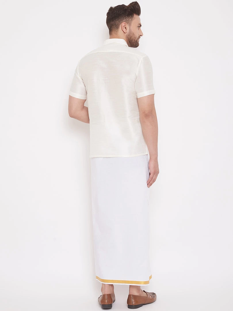 VASTRAMAY Men's Cream And White Silk Blend Shirt And Mundu Set Pongal 5 VASTRAMAY Men's Cream And White Silk Blend Shirt And Mundu Set Pongal