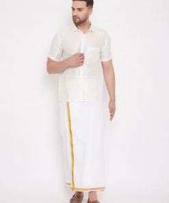 VASTRAMAY Men's Cream And White Silk Blend Shirt And Mundu Set Pongal 14 VASTRAMAY Men's Cream And White Silk Blend Shirt And Mundu Set Pongal