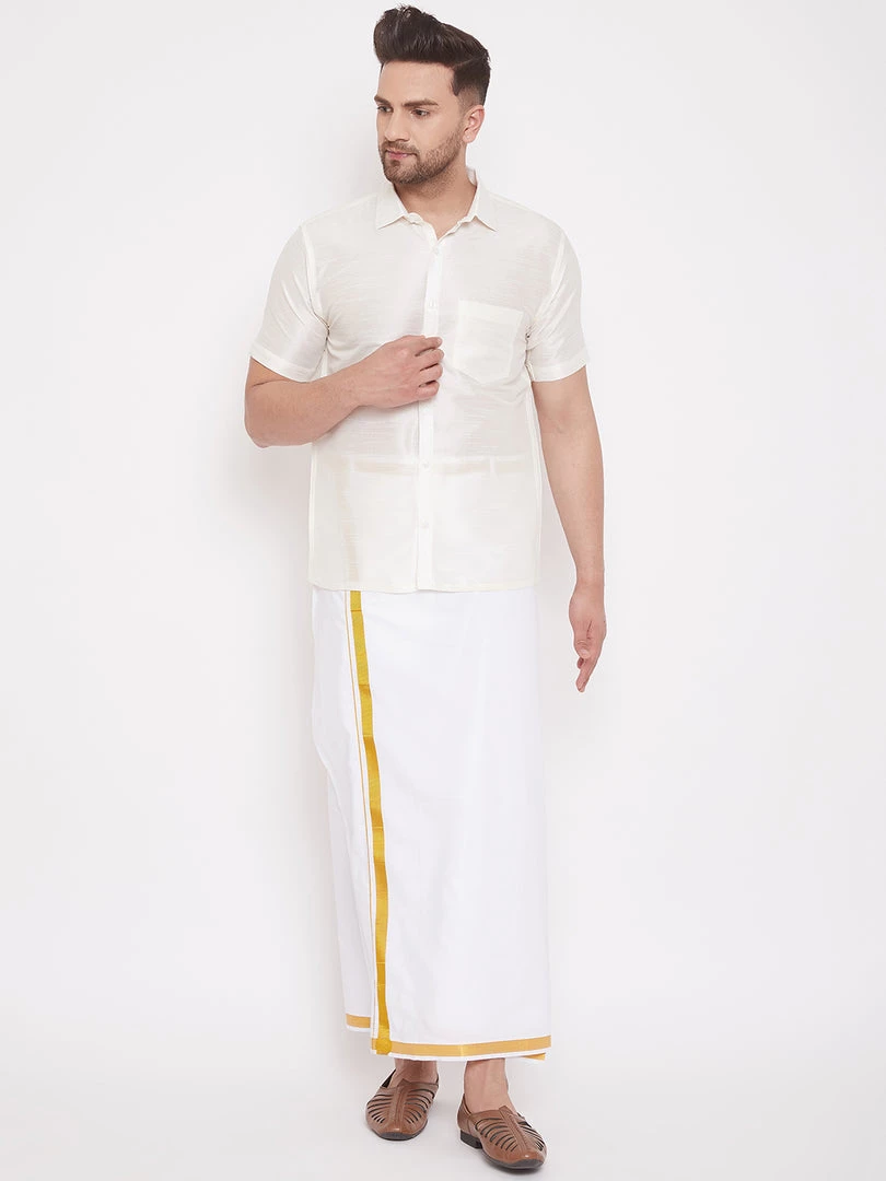 VASTRAMAY Men's Cream And White Silk Blend Shirt And Mundu Set Pongal 8 VASTRAMAY Men's Cream And White Silk Blend Shirt And Mundu Set Pongal
