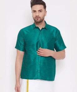 Vastramay Men's Green Silk Blend Ethnic Shirt