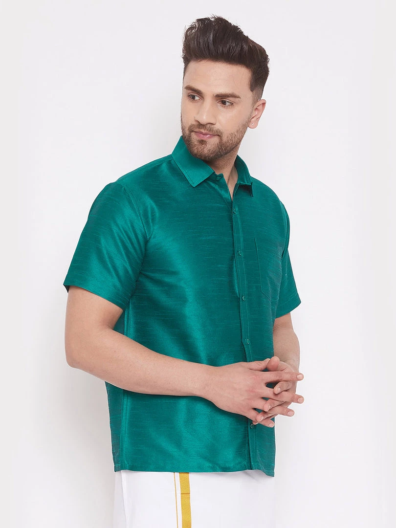 Vastramay Men's Green Silk Blend Ethnic Shirt 4 Vastramay Men's Green Silk Blend Ethnic Shirt
