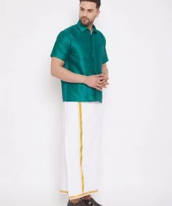 Pongal VASTRAMAY Men's Green And White Silk Blend Shirt And Mundu Set