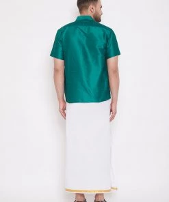 Pongal VASTRAMAY Men's Green And White Silk Blend Shirt And Mundu Set