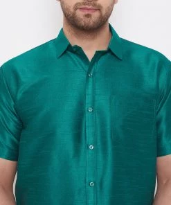 Pongal VASTRAMAY Men's Green And White Silk Blend Shirt And Mundu Set