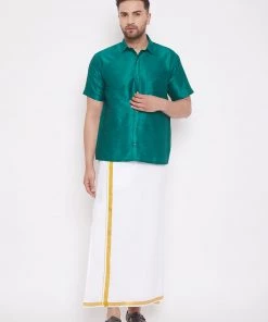 Pongal VASTRAMAY Men's Green And White Silk Blend Shirt And Mundu Set