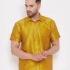 VASTRAMAY Men's Mustard Silk Blend Ethnic Shirt