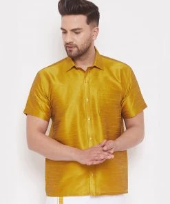 VASTRAMAY Men's Mustard Silk Blend Ethnic Shirt