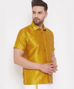 VASTRAMAY Men's Mustard Silk Blend Ethnic Shirt