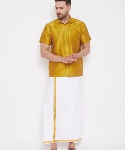 Vastramay Men's Mustard And White Silk Blend Shirt And Mundu Set Pongal
