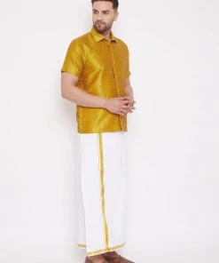 Vastramay Men's Mustard And White Silk Blend Shirt And Mundu Set Pongal