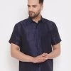 Vastramay Men's Navy Blue Silk Blend Ethnic Shirt
