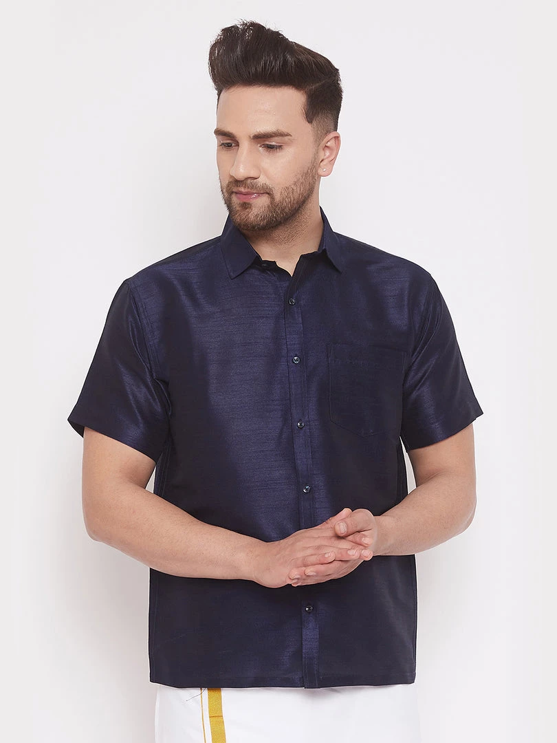Vastramay Men's Navy Blue Silk Blend Ethnic Shirt 3 Vastramay Men's Navy Blue Silk Blend Ethnic Shirt