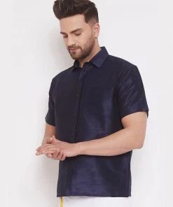 Vastramay Men's Navy Blue Silk Blend Ethnic Shirt 9 Vastramay Men's Navy Blue Silk Blend Ethnic Shirt