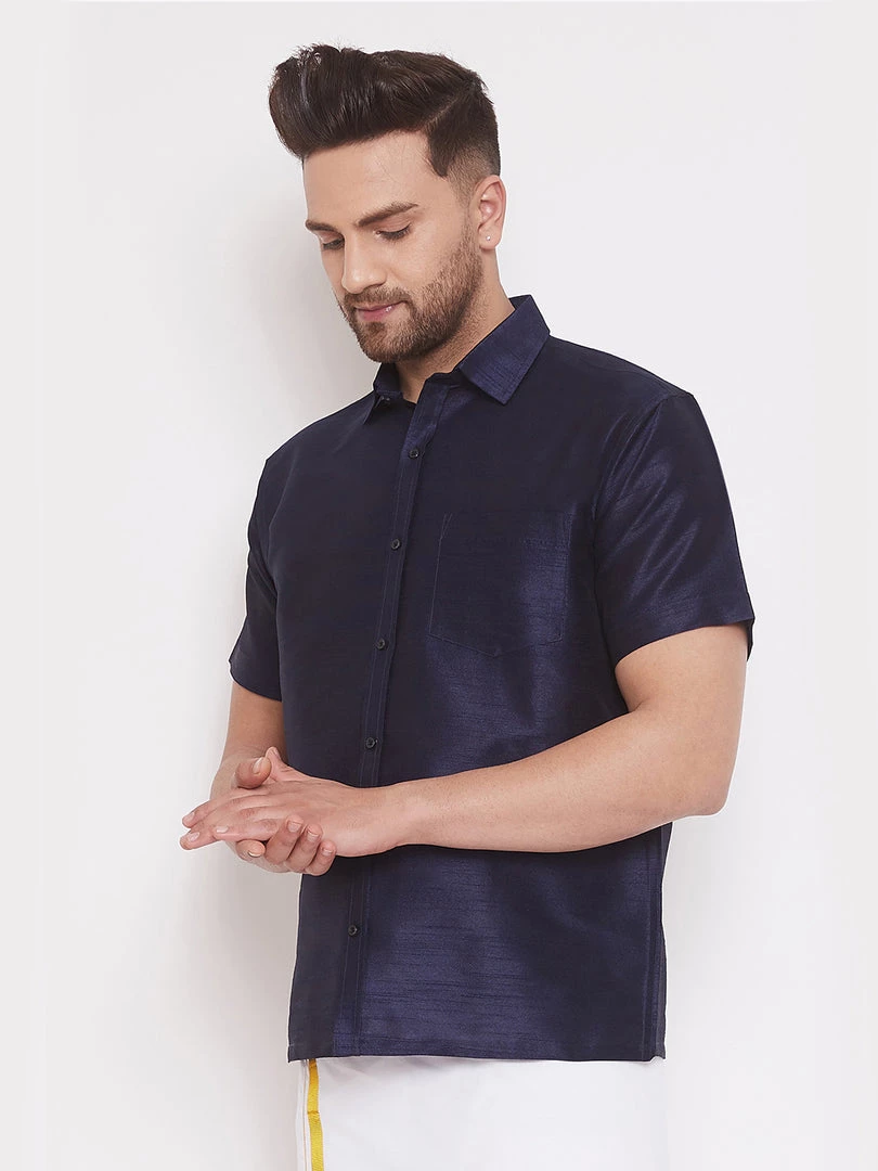Vastramay Men's Navy Blue Silk Blend Ethnic Shirt 4 Vastramay Men's Navy Blue Silk Blend Ethnic Shirt