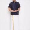 VASTRAMAY Men's Navy Blue And White Silk Blend Shirt And Mundu Set Pongal 1 VASTRAMAY Men's Navy Blue And White Silk Blend Shirt And Mundu Set Pongal